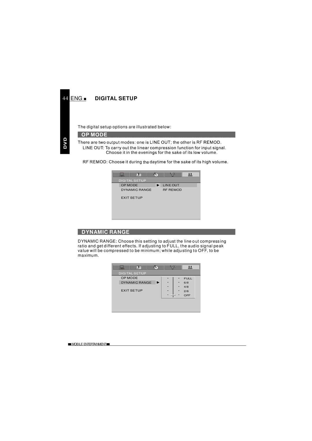 NextBase SDV620-B operating instructions ENG Digital Setup, Dynamic Range 