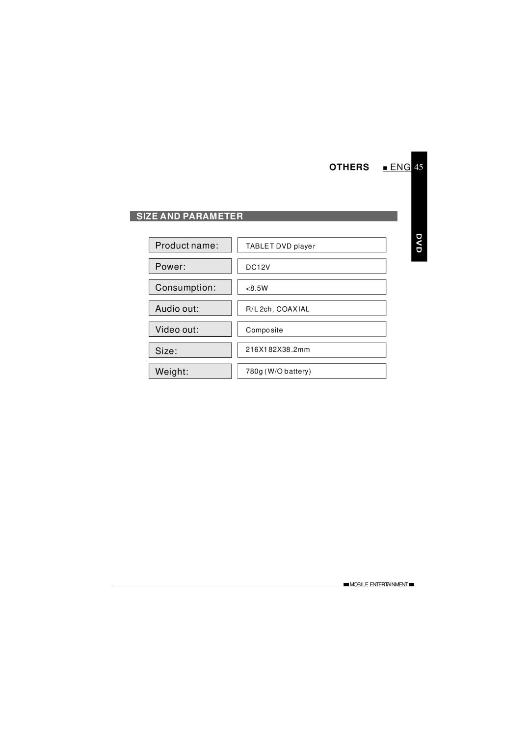 NextBase SDV620-B operating instructions Others, Size and Parameter 