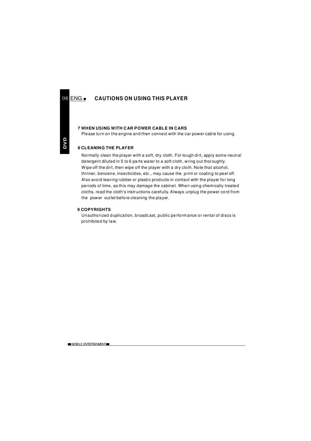 NextBase SDV620-B operating instructions When Using with CAR Power Cable in Cars, Cleaning the Player, Copyrights 