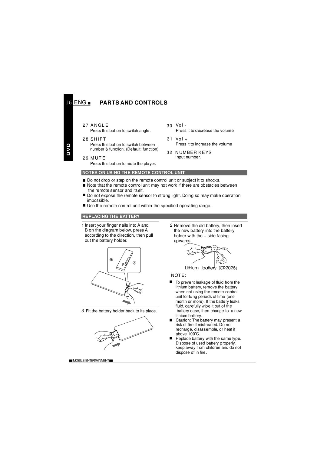 NextBase SDV685-AC operating instructions Angl E, Shift, Mute, Number Keys, Replacing the Battery 