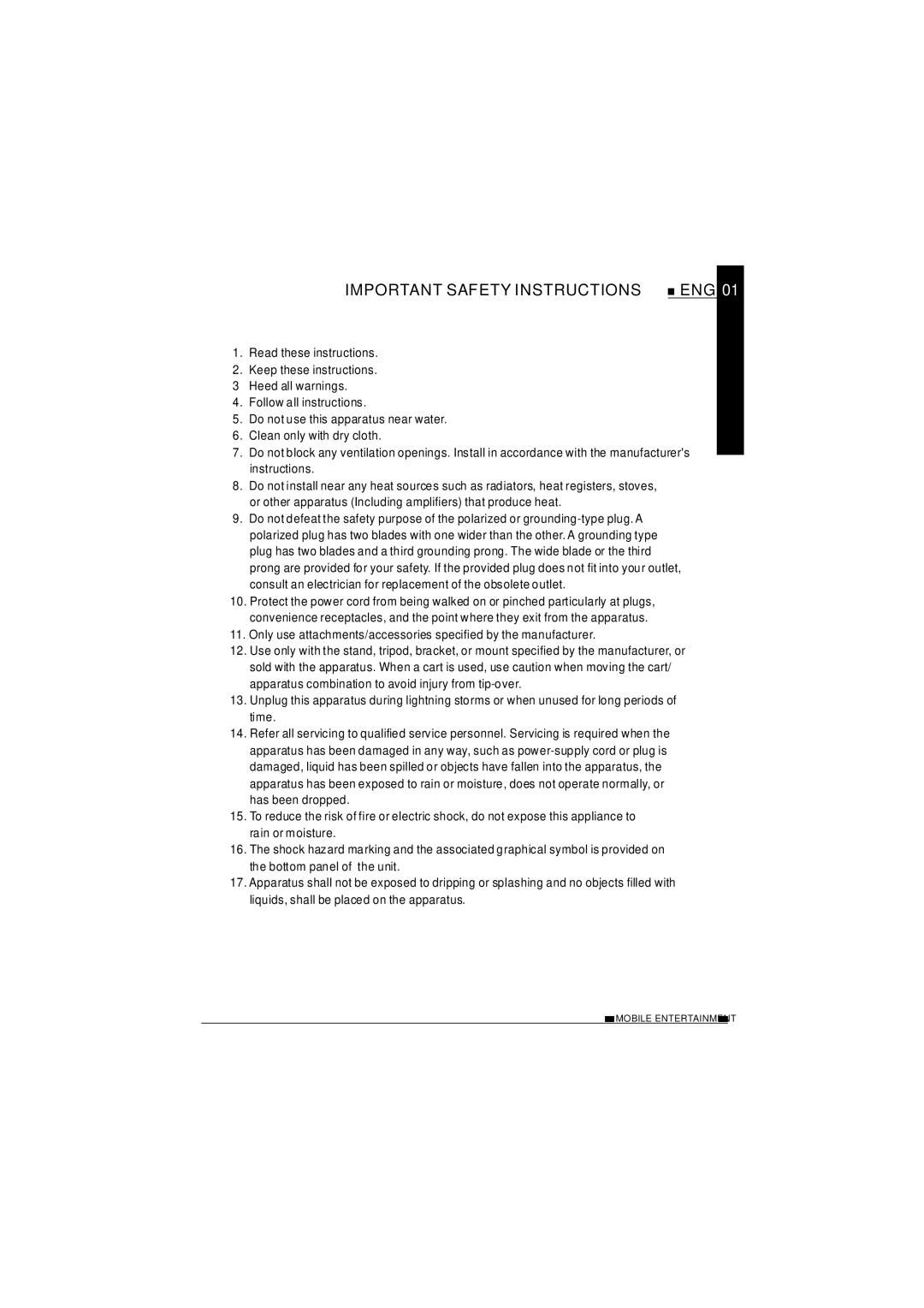 NextBase SDV685-AC operating instructions Important Safety Instructions, Eng 