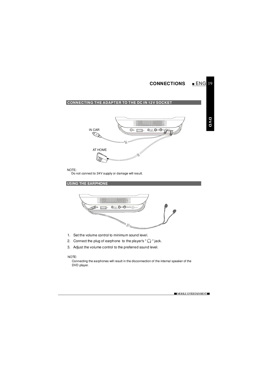 NextBase SDV685-AC operating instructions Connections, Connecting the Adapter to the DC in 12V Socket, Using the Earphone 