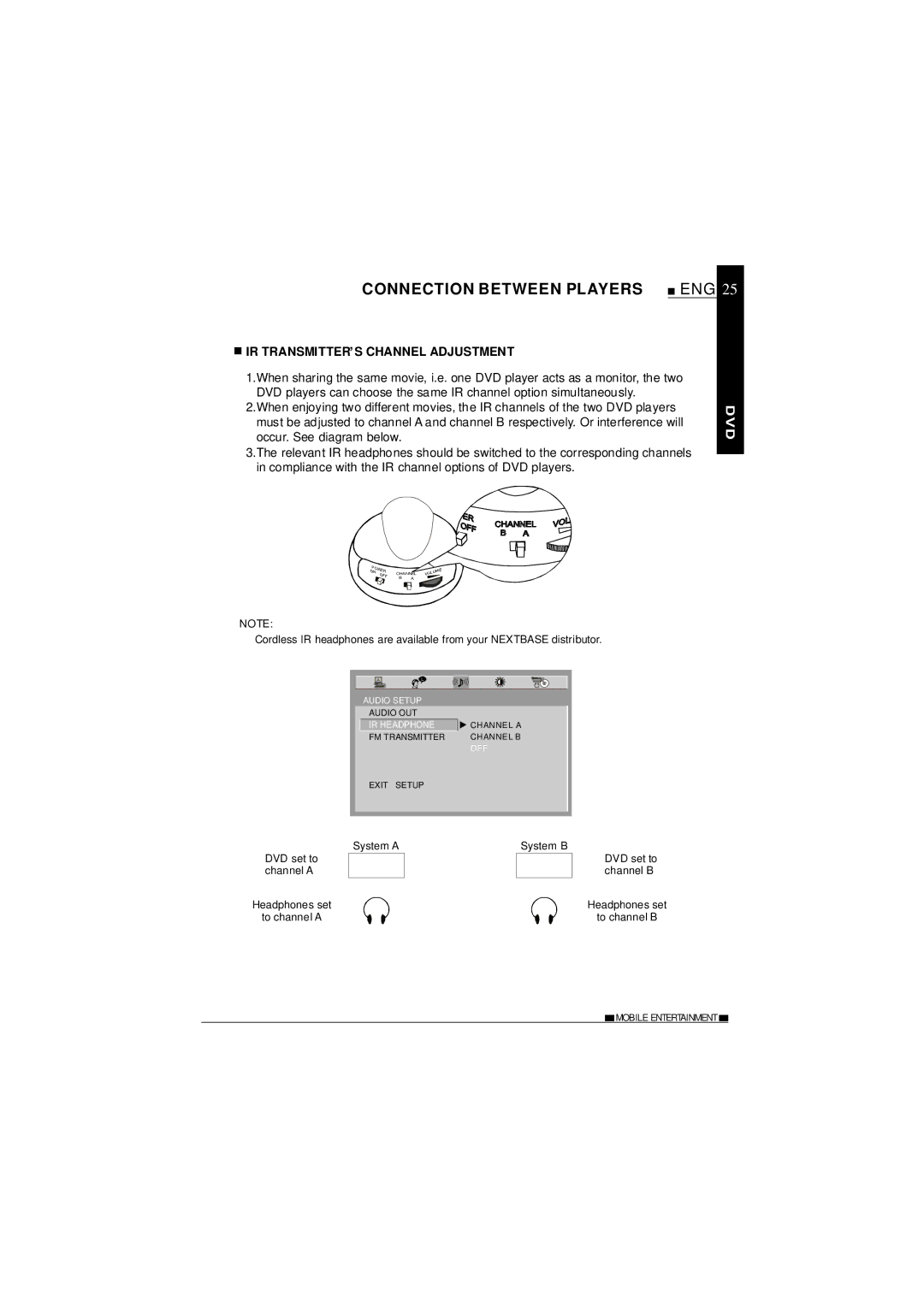 NextBase SDV685-AC operating instructions Connection Between Players ENG, IR TRANSMITTER,S Channel Adjustment 