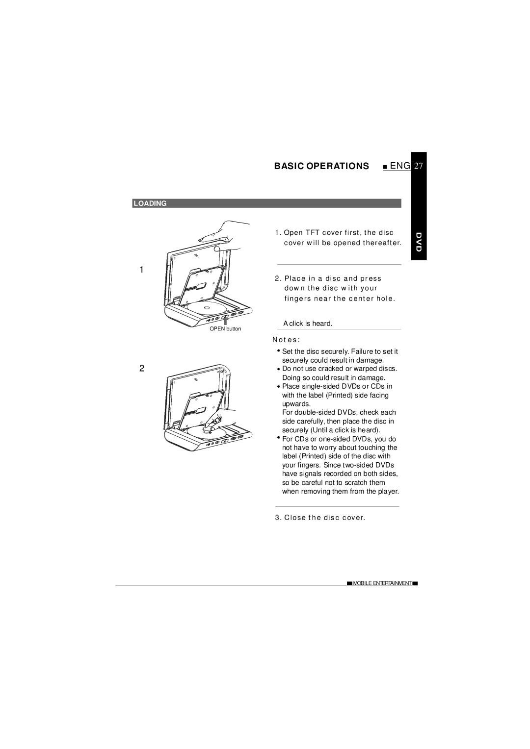 NextBase SDV685-AC Basic Operations, Loading, Click is heard, Set the disc securely. Failure to set it 