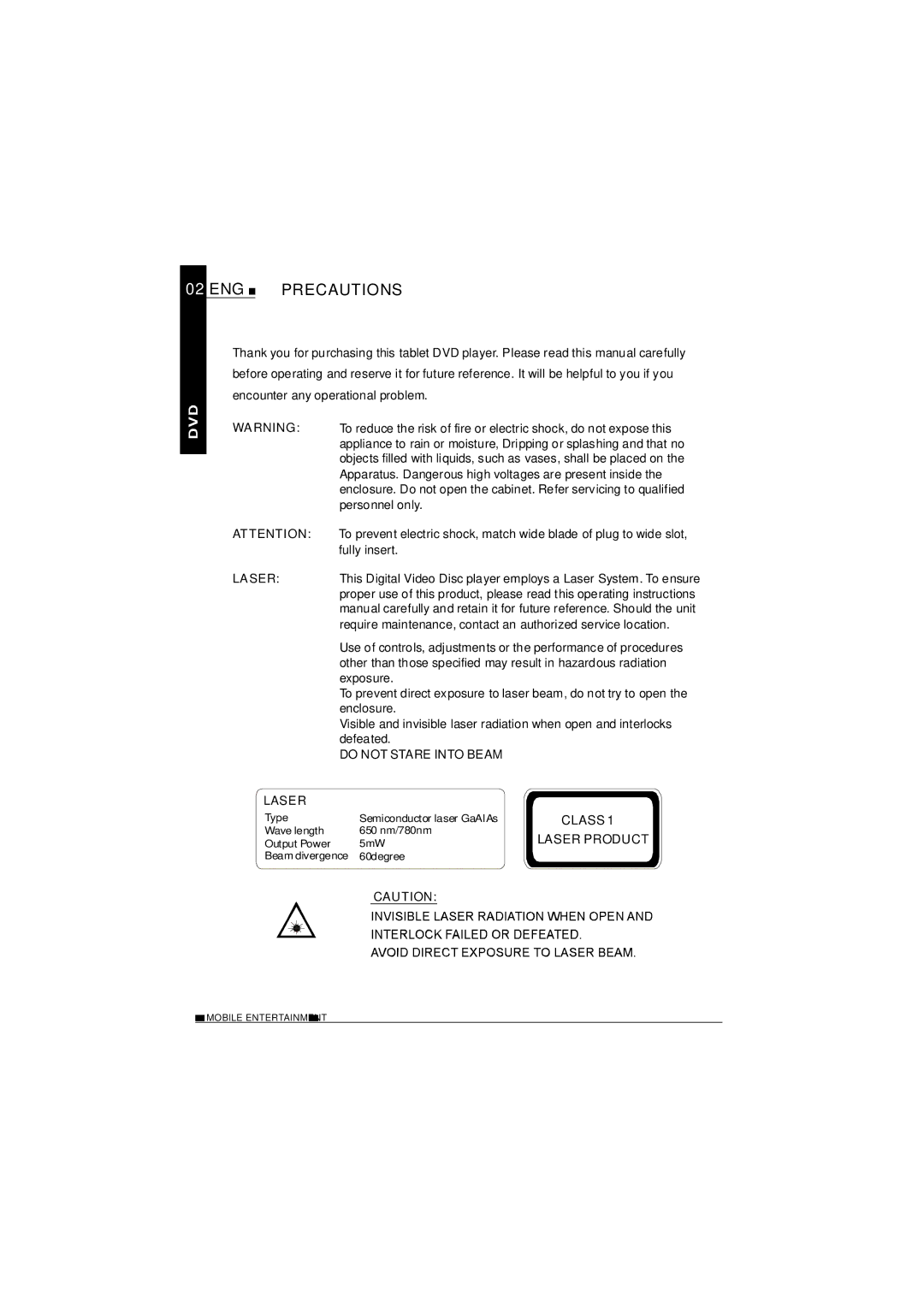 NextBase SDV685-AC operating instructions ENG Precautions, Laser 