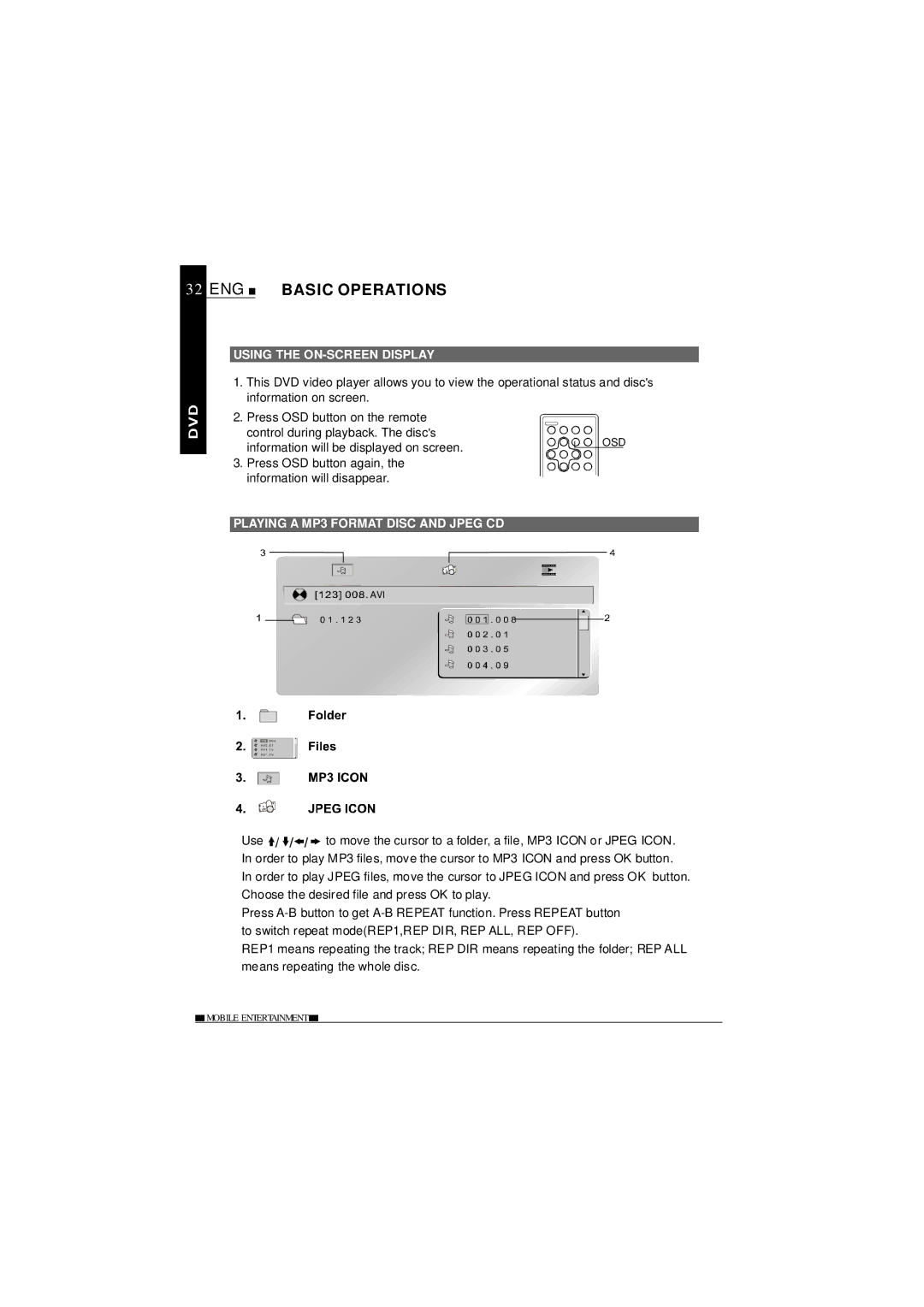 NextBase SDV685-AC operating instructions Using the ON-SCREEN Display, Playing a MP3 Format Disc and Jpeg CD 