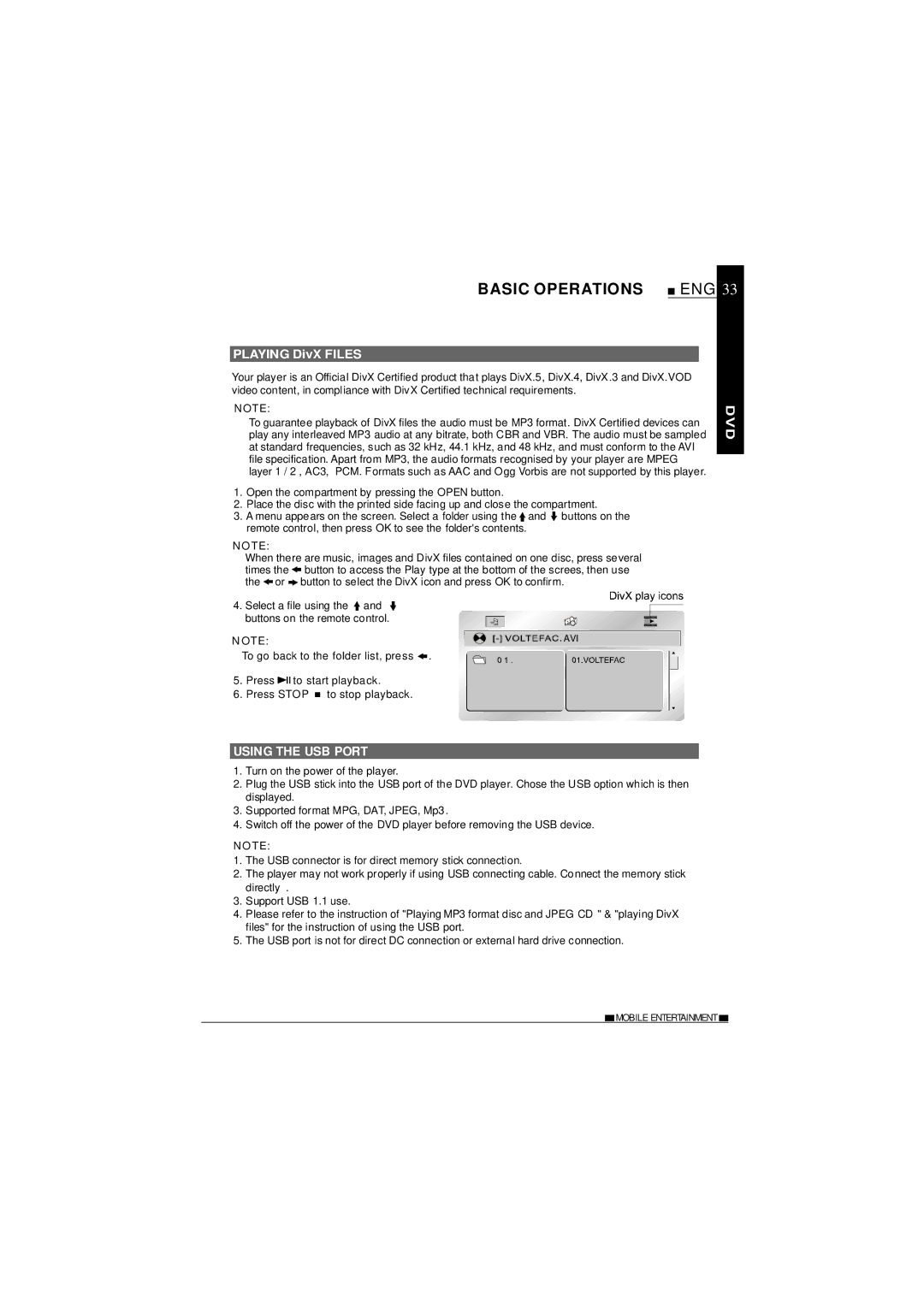 NextBase SDV685-AC operating instructions Playing DivX Files, Using the USB Port 