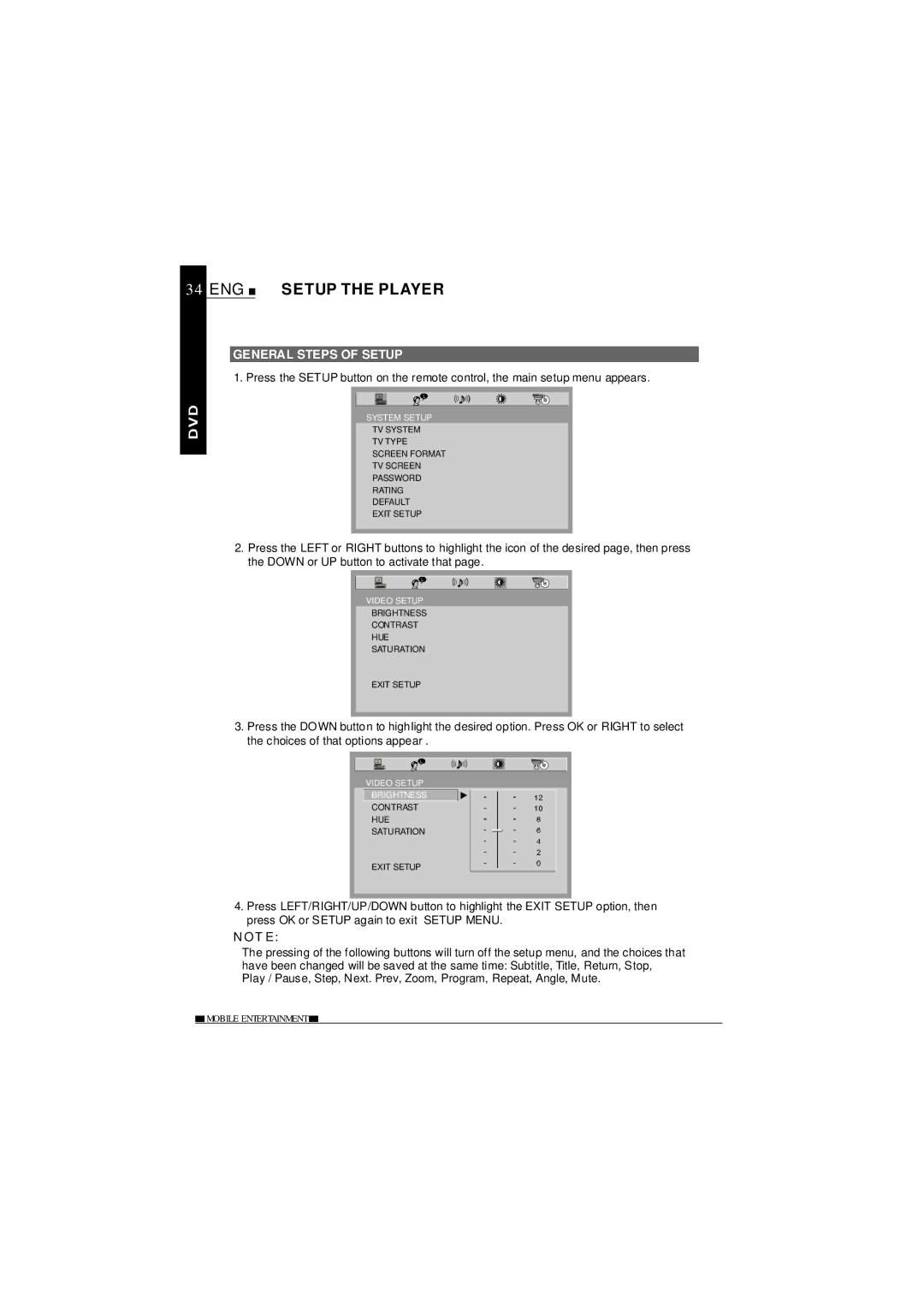 NextBase SDV685-AC operating instructions ENG Setup the Player, General Steps of Setup 