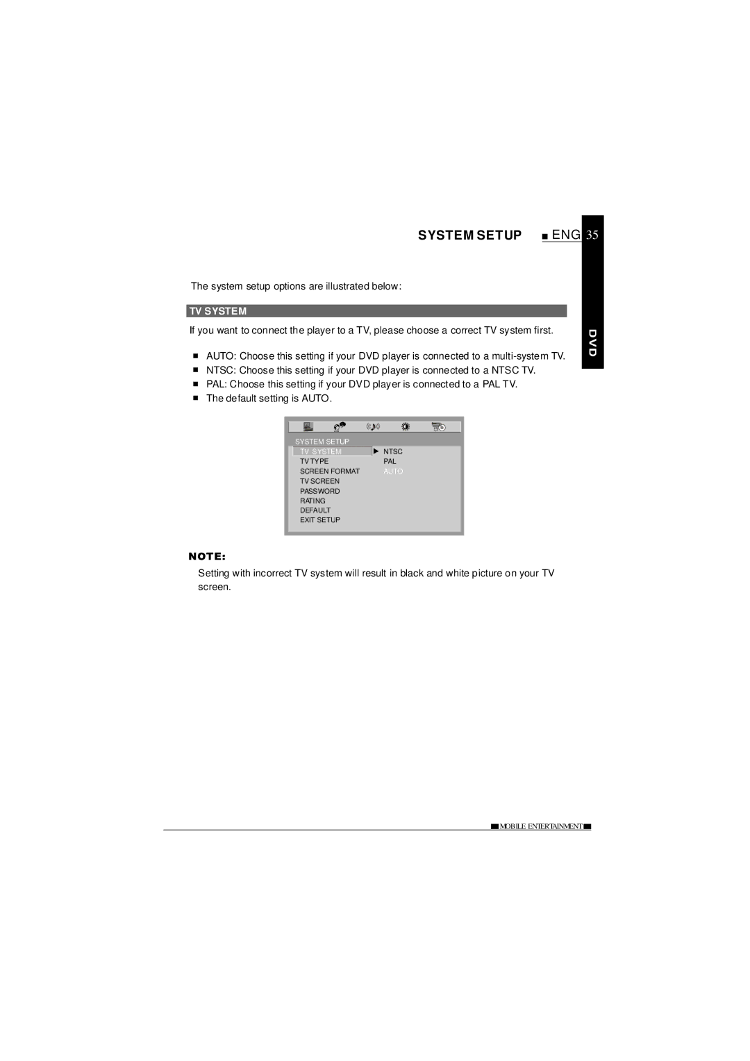 NextBase SDV685-AC operating instructions System Setup, System setup options are illustrated below, TV System 