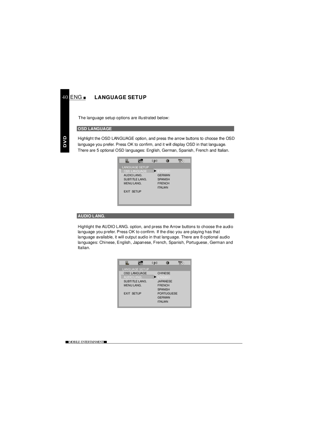 NextBase SDV685-AC ENG Language Setup, Language setup options are illustrated below, OSD Language, Audio Lang 