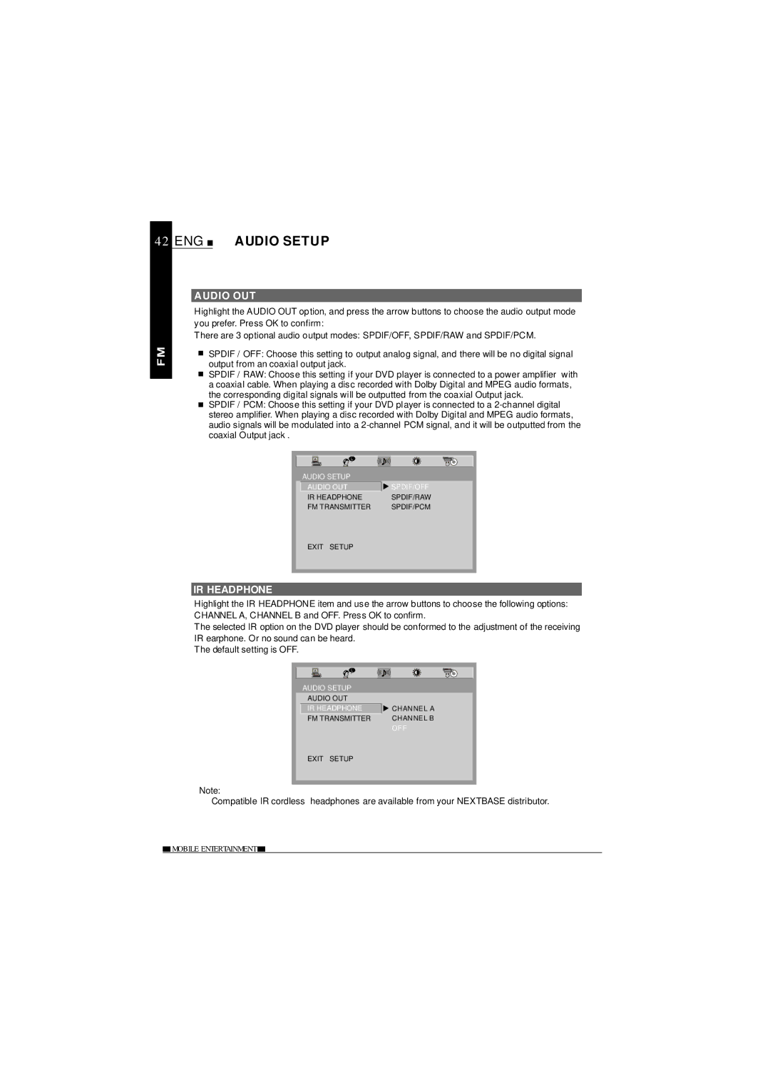 NextBase SDV685-AC operating instructions ENG Audio Setup, Audio OUT, IR Headphone 