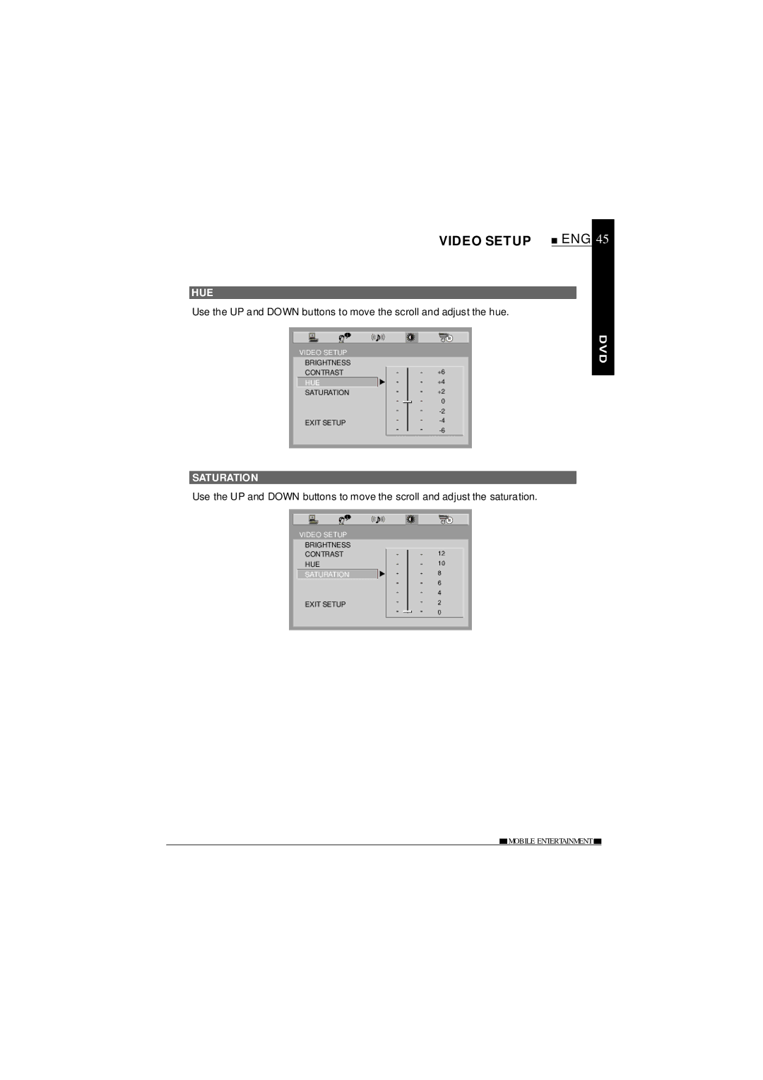 NextBase SDV685-AC operating instructions Video Setup, Hue, Saturation 