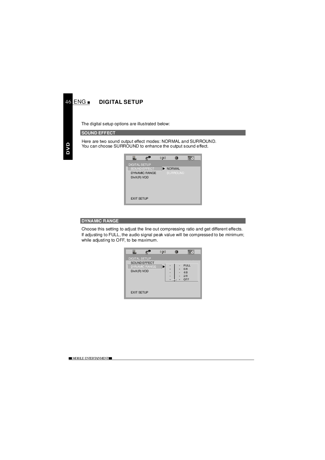 NextBase SDV685-AC ENG Digital Setup, Digital setup options are illustrated below, Sound Effect, Dynamic Range 