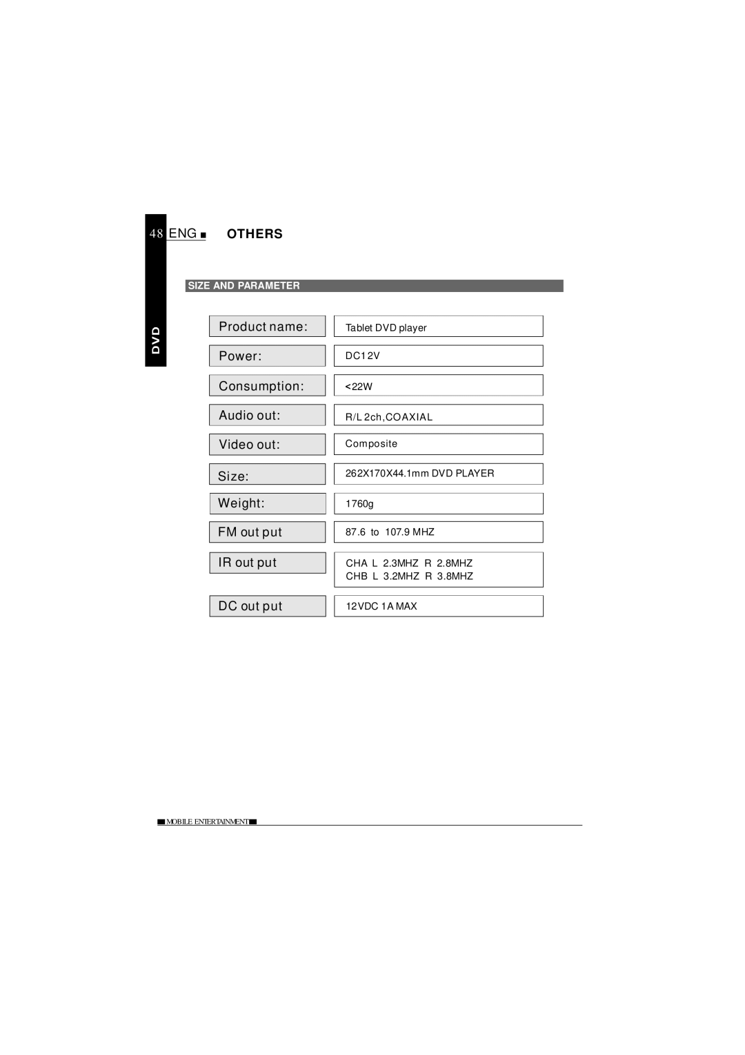 NextBase SDV685-AC operating instructions Others, Size and Parameter, Tablet DVD player 