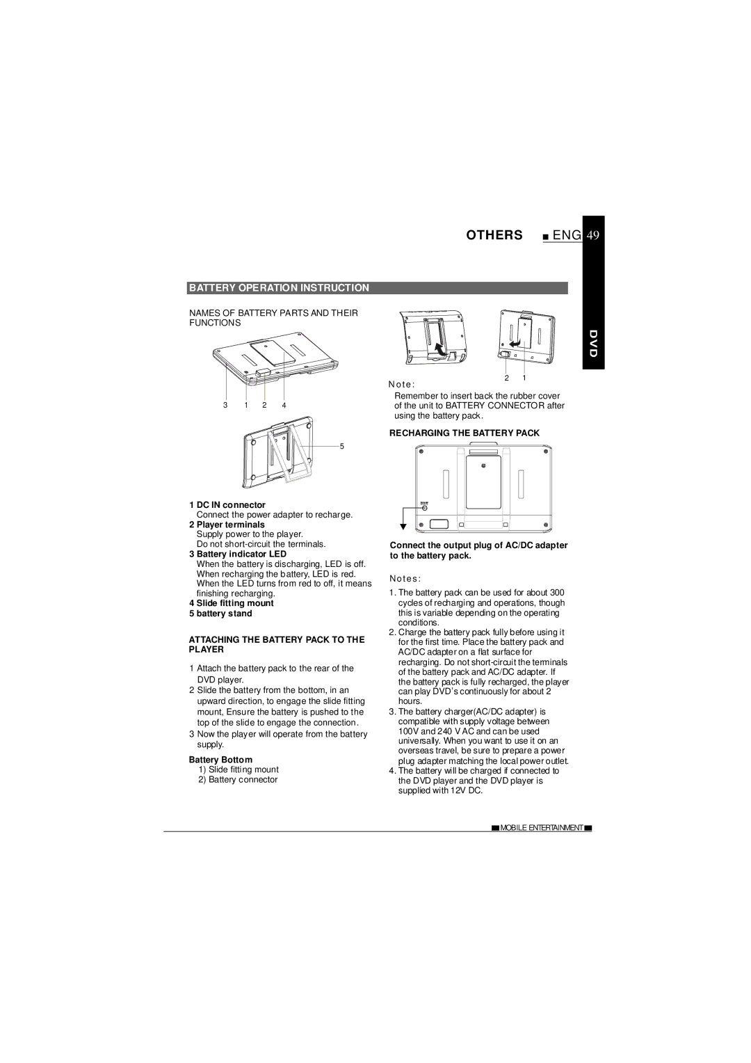 NextBase SDV685-AC operating instructions Battery Operation Instruction, Names of Battery Parts and Their Functions 