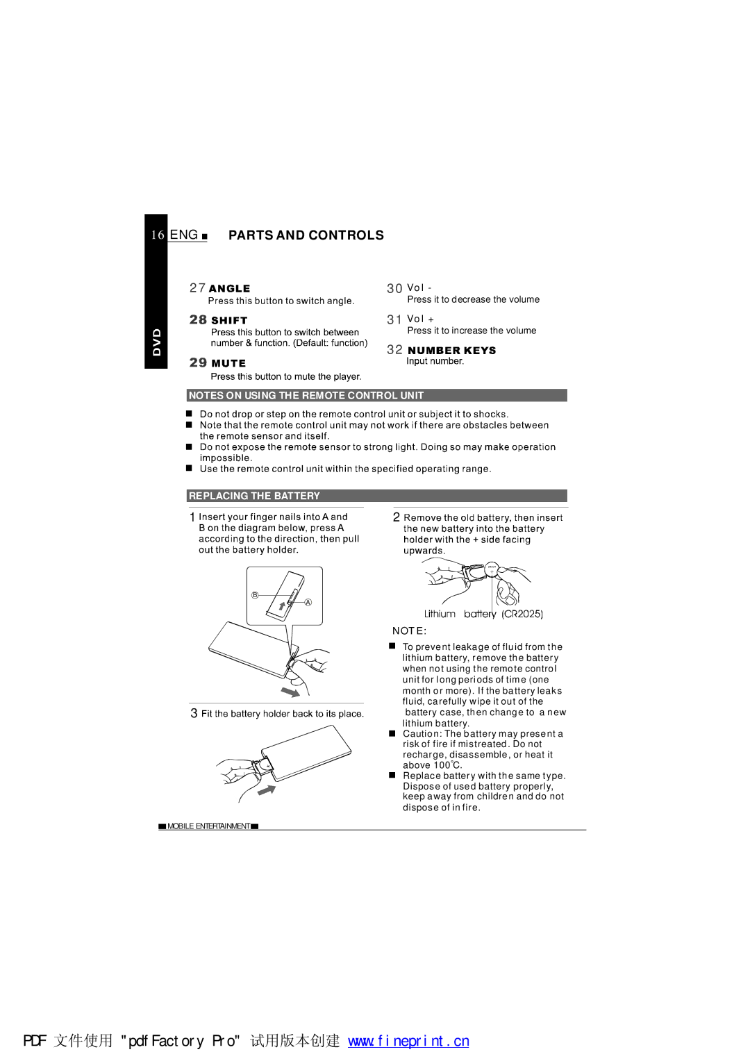 NextBase SDV685-AM operating instructions Parts and Controls, Replacing the Battery 