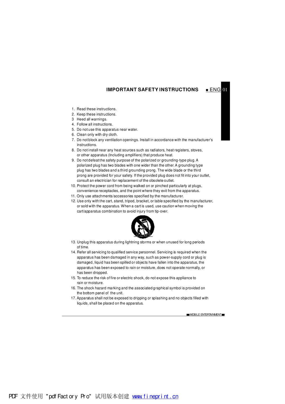 NextBase SDV685-AM operating instructions Important Safety Instructions, Eng 