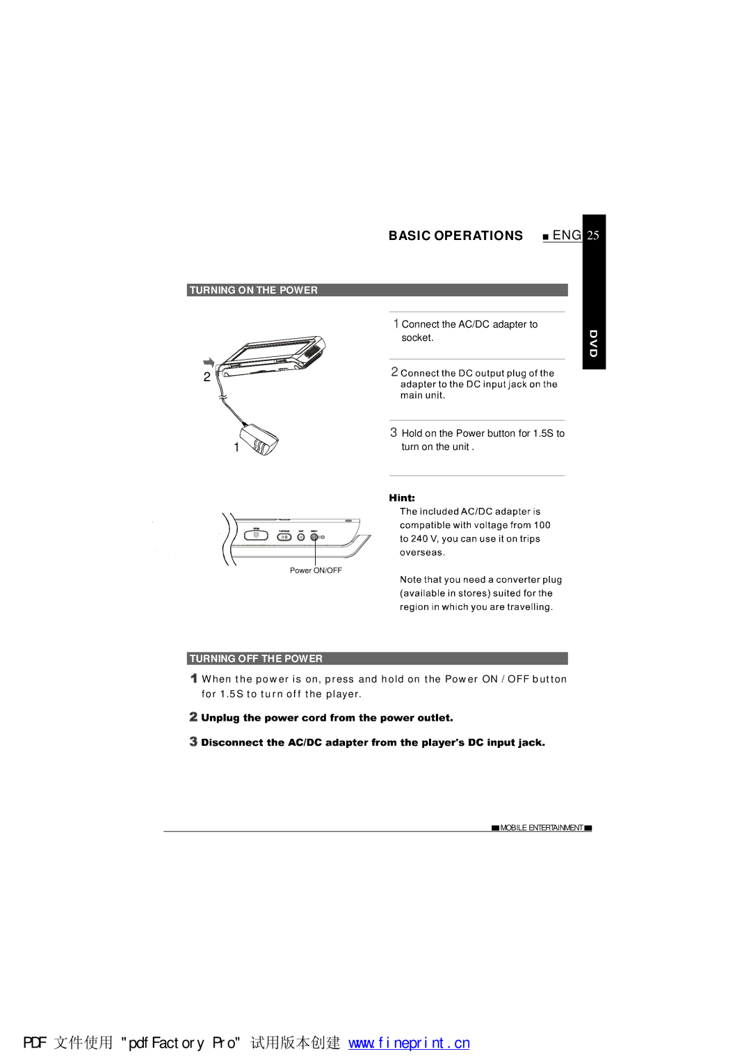 NextBase SDV685-AM operating instructions Basic Operations, Turning on the Power, Turning OFF the Power 