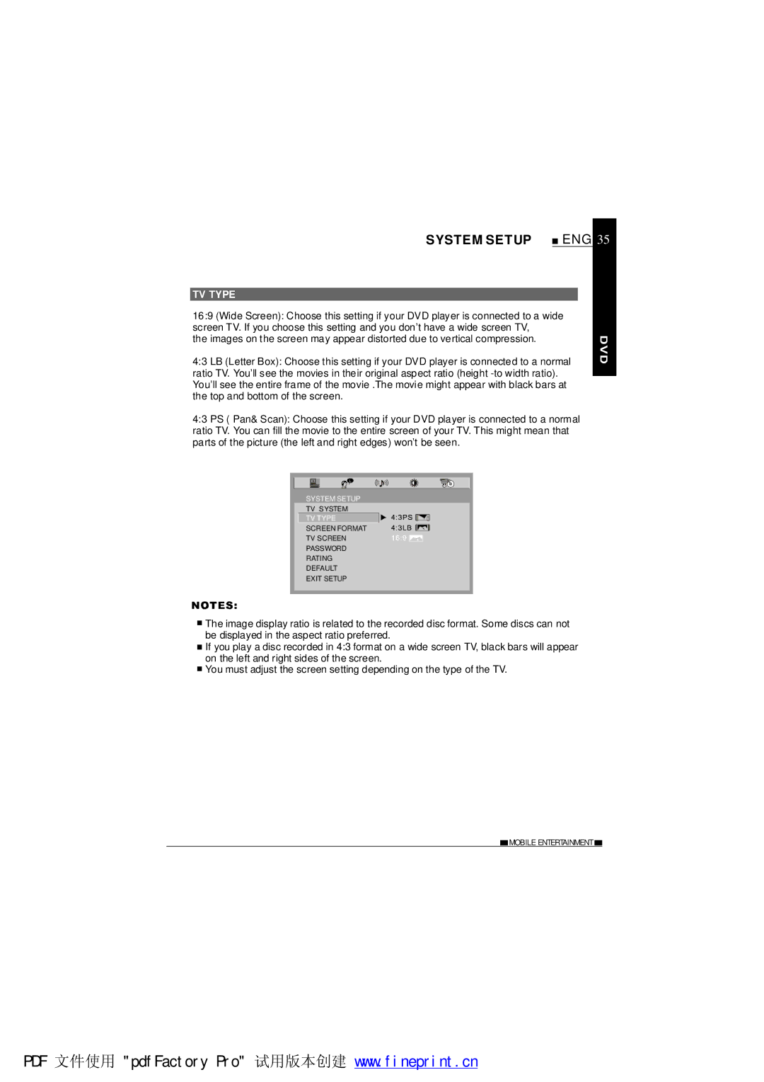 NextBase SDV685-AM operating instructions System Setup, TV Type 