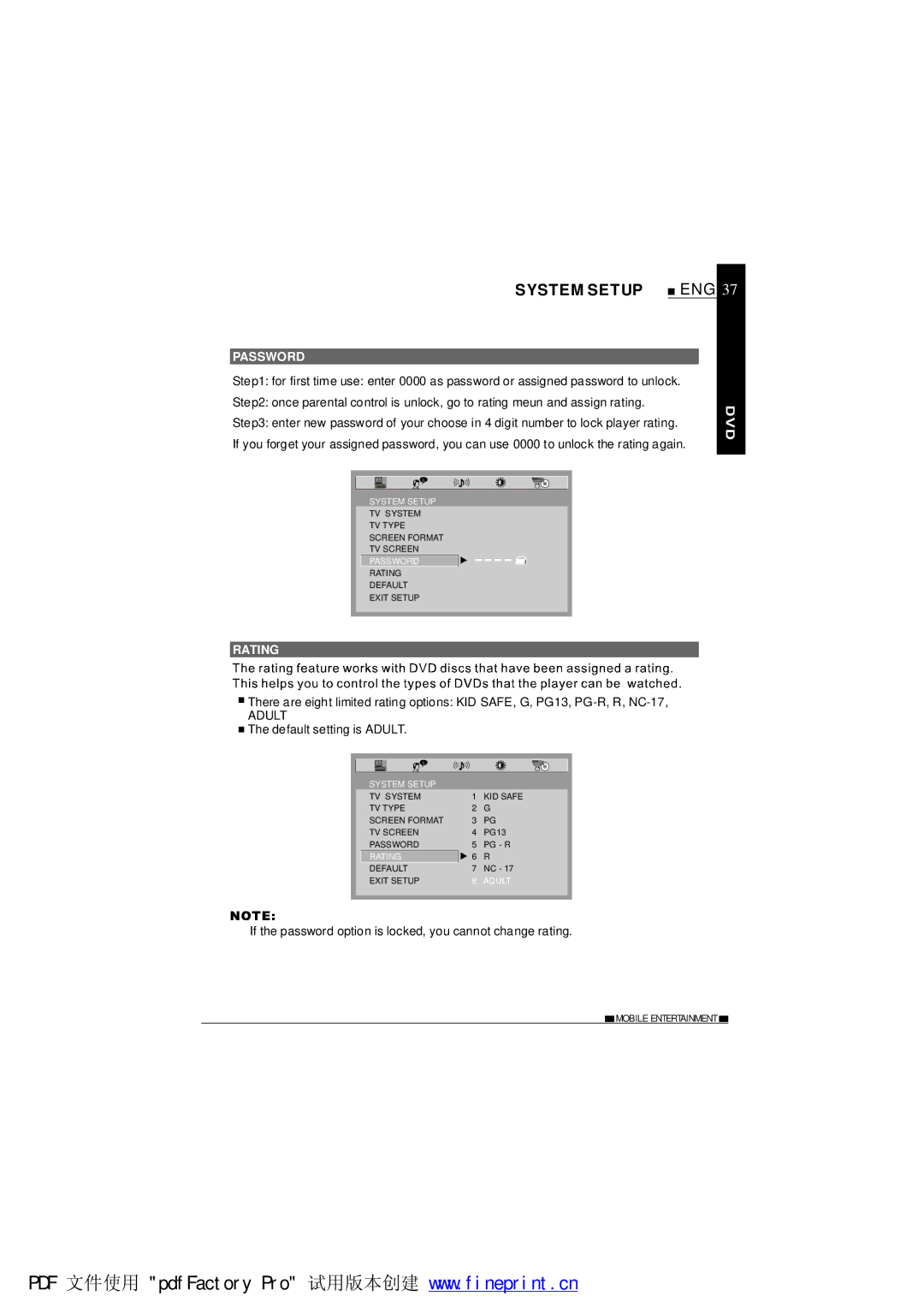 NextBase SDV685-AM operating instructions Password, Rating 