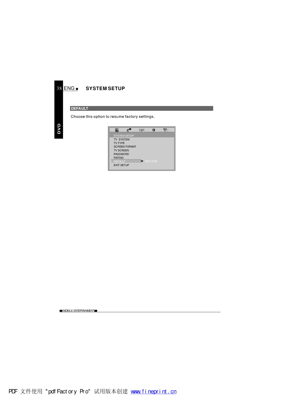 NextBase SDV685-AM operating instructions ENG System Setup, Default 