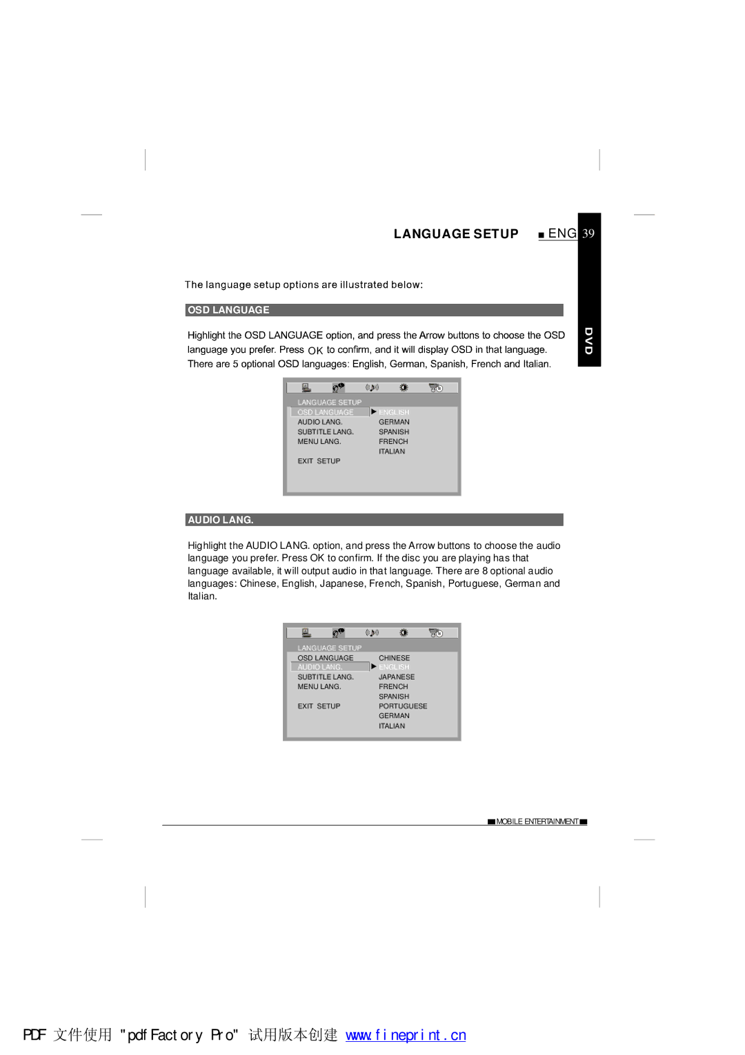 NextBase SDV685-AM operating instructions Language Setup, OSD Language, Audio Lang 