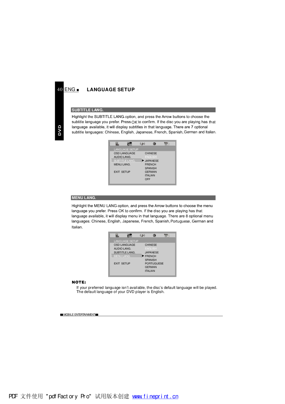 NextBase SDV685-AM operating instructions ENG Language Setup, Subtitle Lang, Menu Lang 