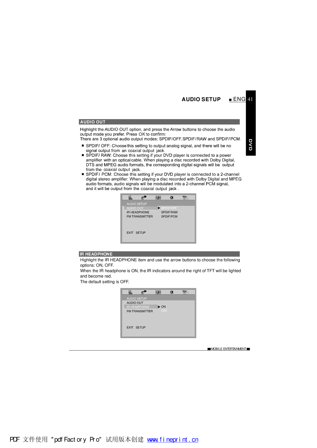 NextBase SDV685-AM operating instructions Audio Setup, Audio OUT, IR Headphone 