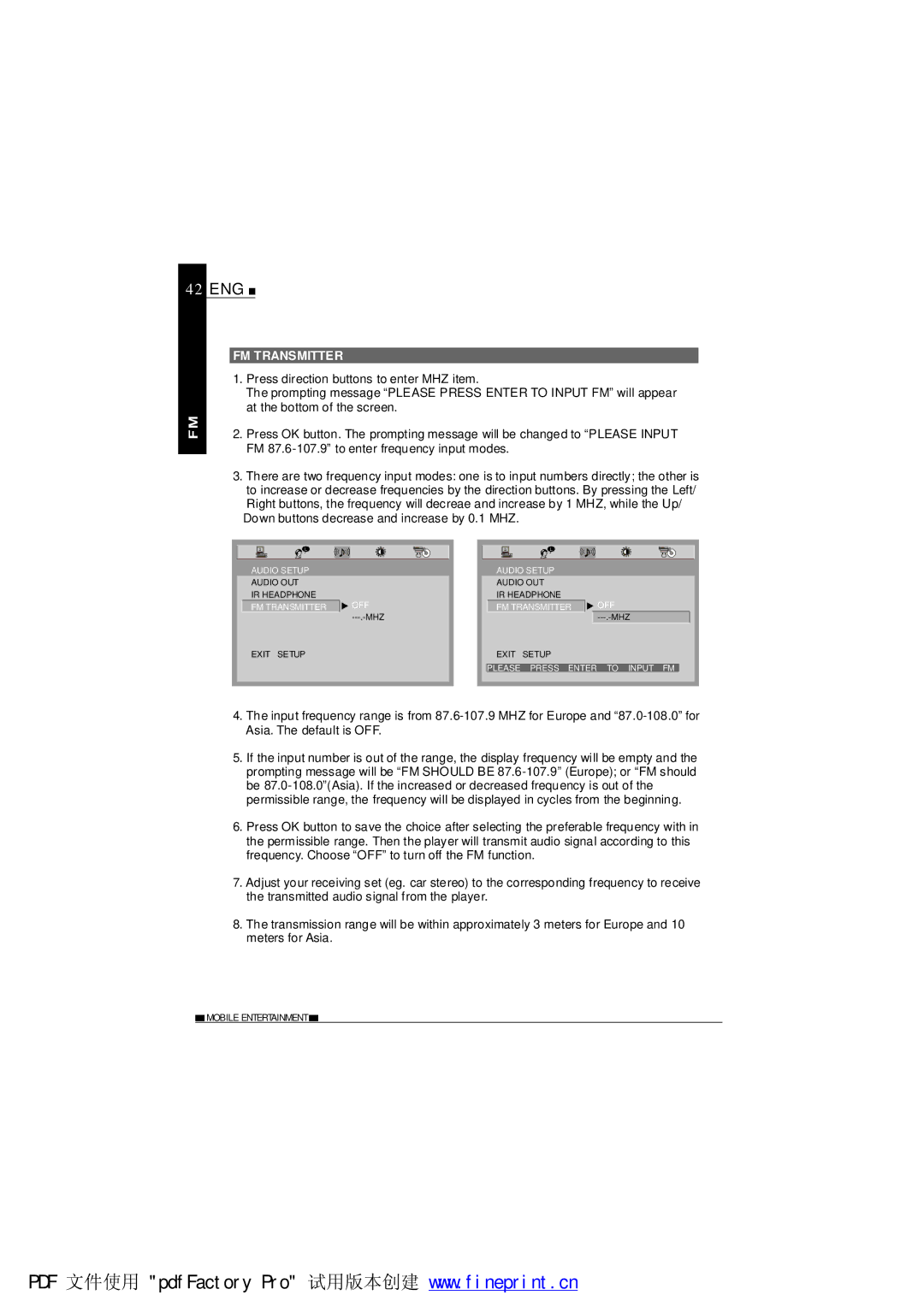 NextBase SDV685-AM operating instructions 42 ENG, FM Transmitter 