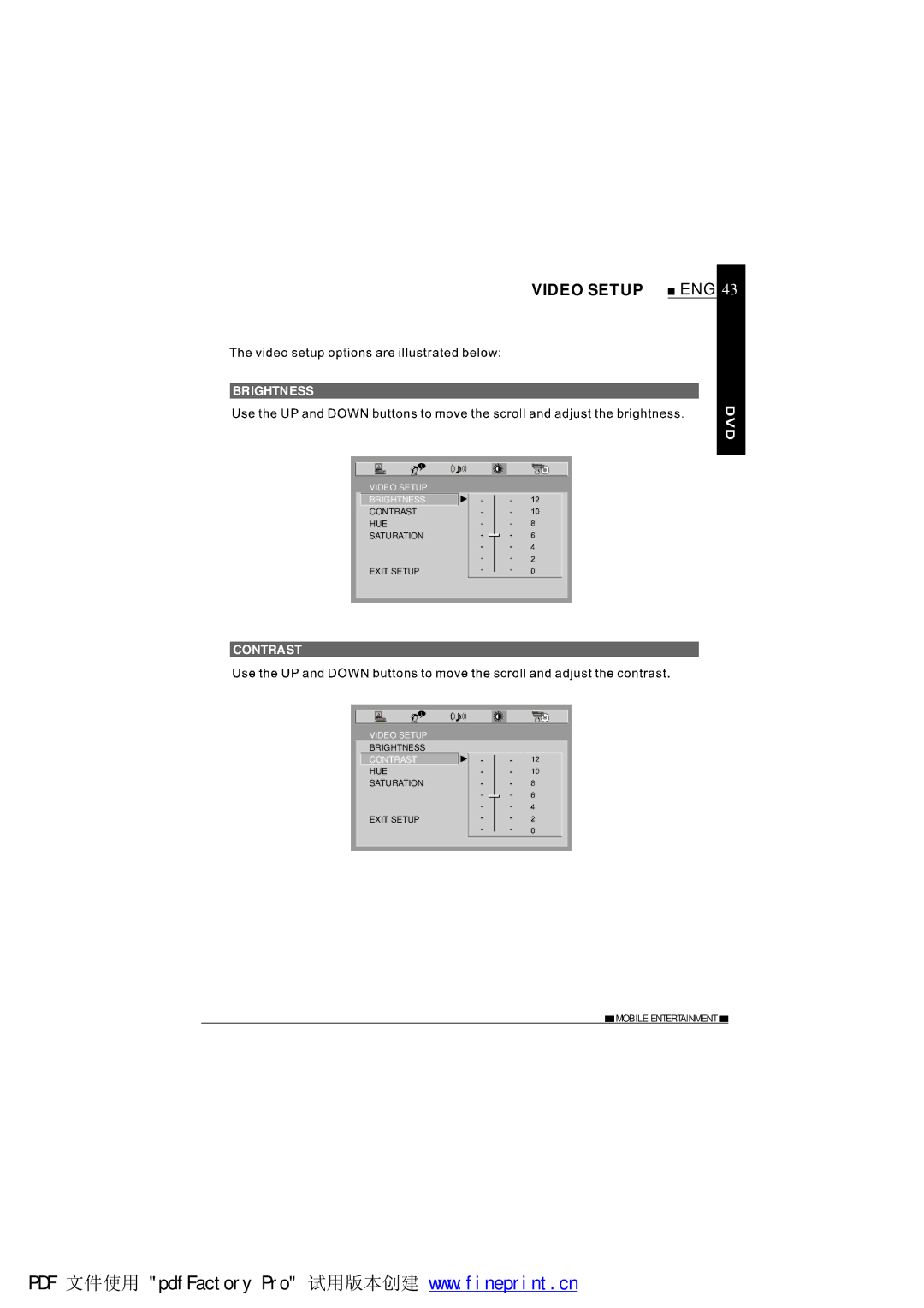 NextBase SDV685-AM operating instructions Video Setup, Brightness, Contrast 