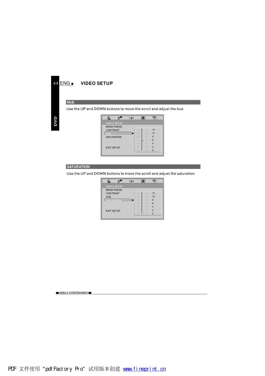 NextBase SDV685-AM operating instructions ENG Video Setup, Hue, Saturation 