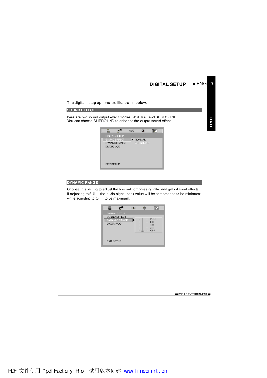 NextBase SDV685-AM operating instructions Digital Setup, Sound Effect, Dynamic Range 