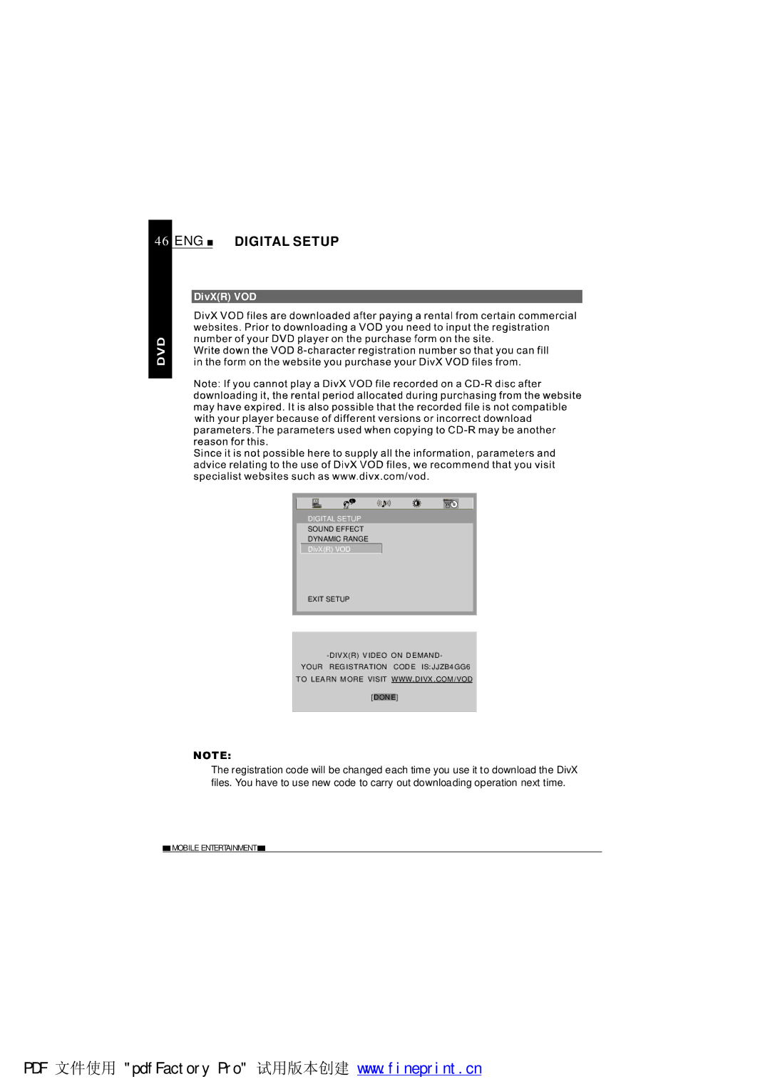 NextBase SDV685-AM operating instructions ENG Digital Setup, DivXR VOD 