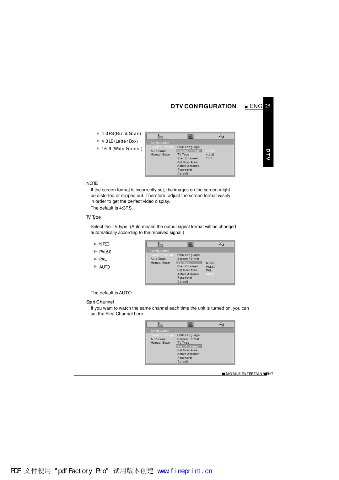 NextBase TV700 operating instructions Default is Auto, 43PS Pan & Scan 43LB Letter Box 169 Wide Screen 