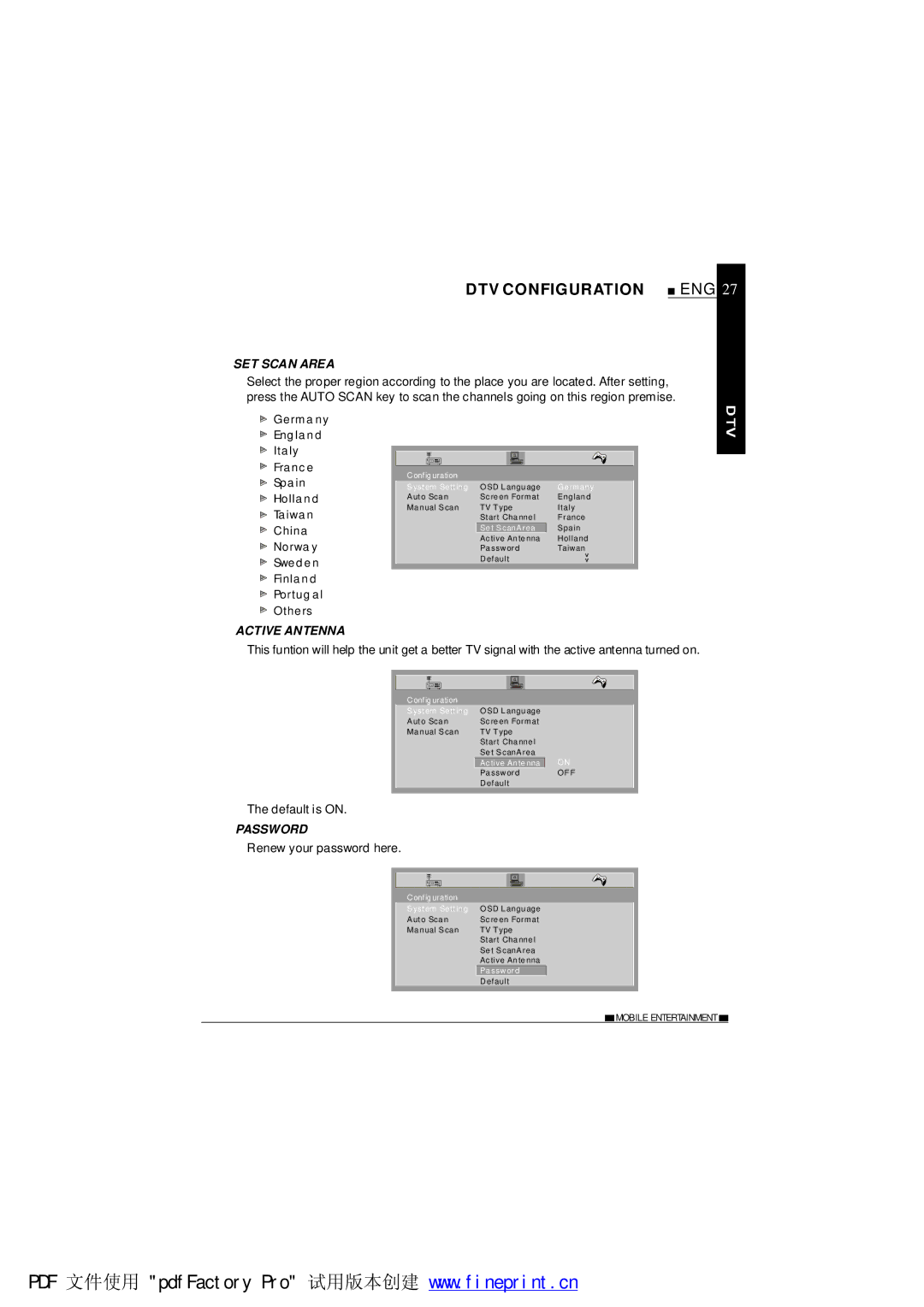 NextBase TV700 operating instructions SET Scan Area, Active Antenna, Default is on, Password, Renew your password here 