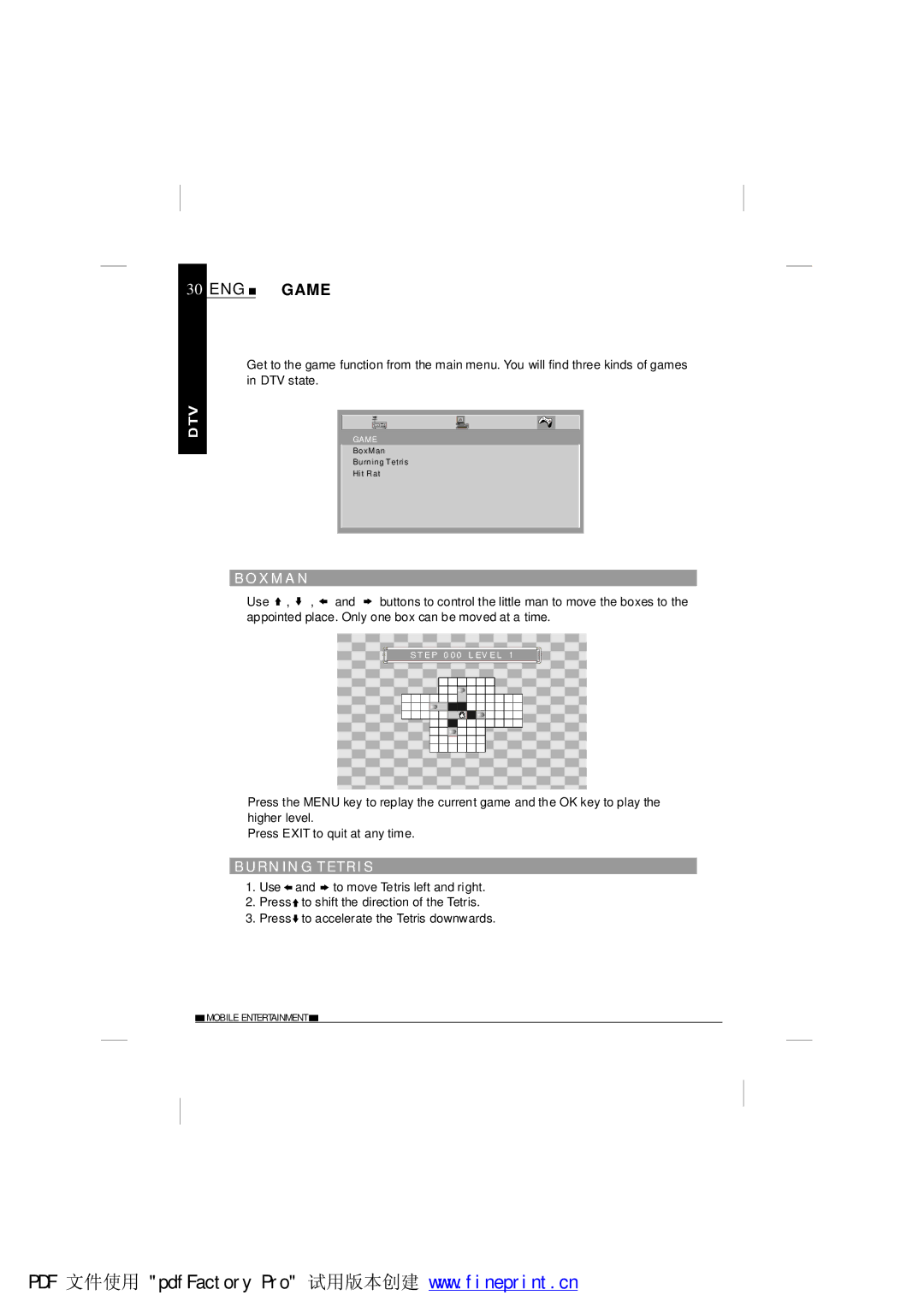 NextBase TV700 operating instructions ENG Game, Boxma N, Burn in G Tetri S 