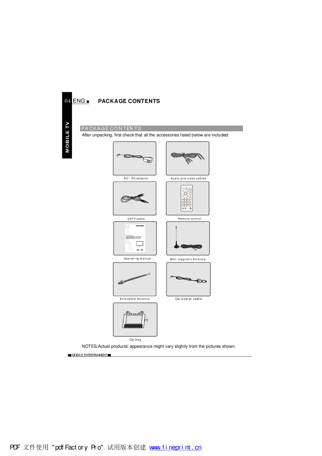 NextBase TV700 operating instructions ENG Package Contents 