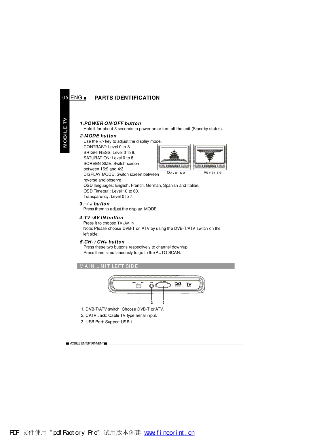 NextBase TV700 operating instructions ENG Parts Identification, AI N U NIT LE FT Side 