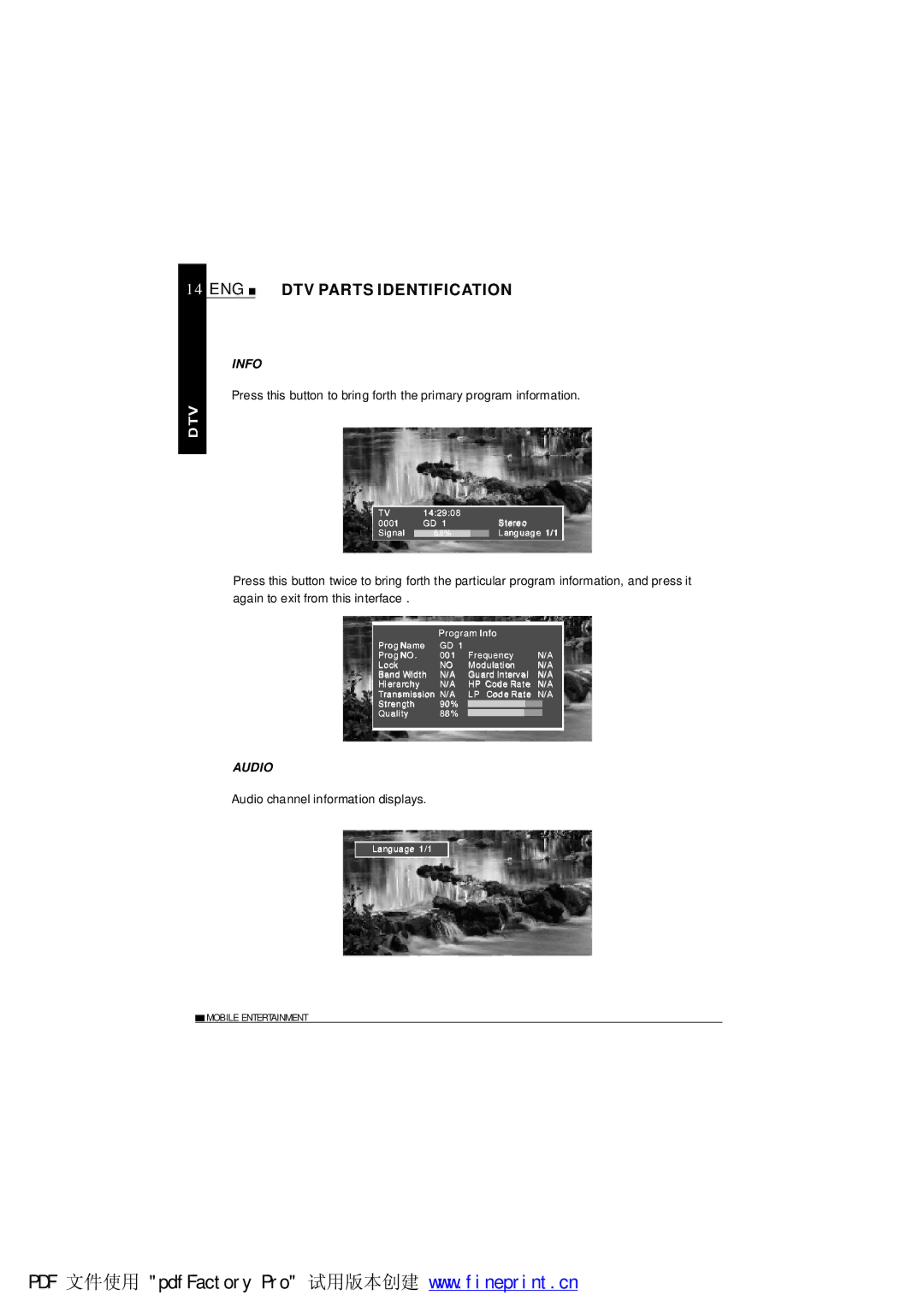 NextBase TV850F operating instructions Info, Audio channel information displays 