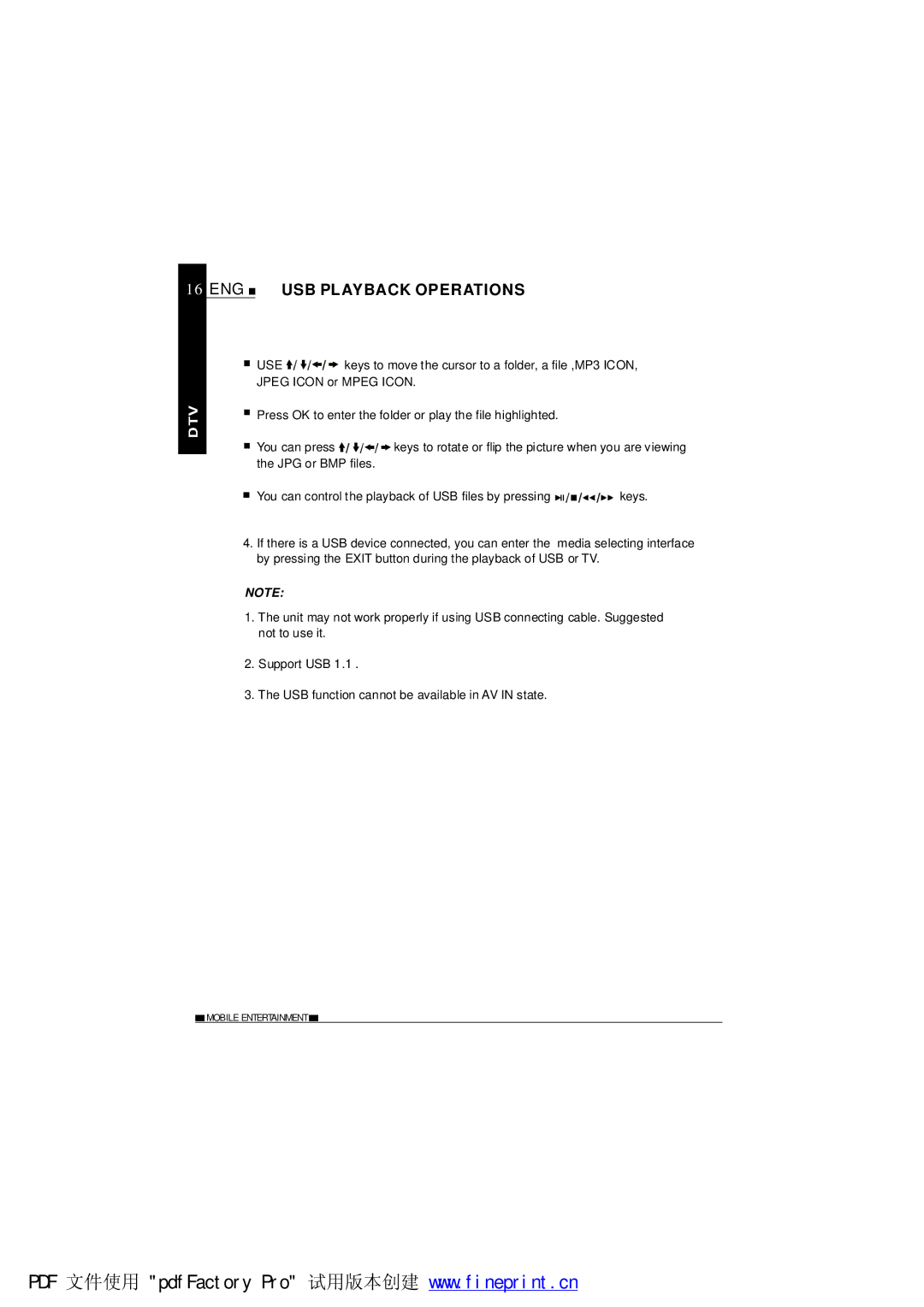 NextBase TV850F operating instructions ENG USB Playback Operations 