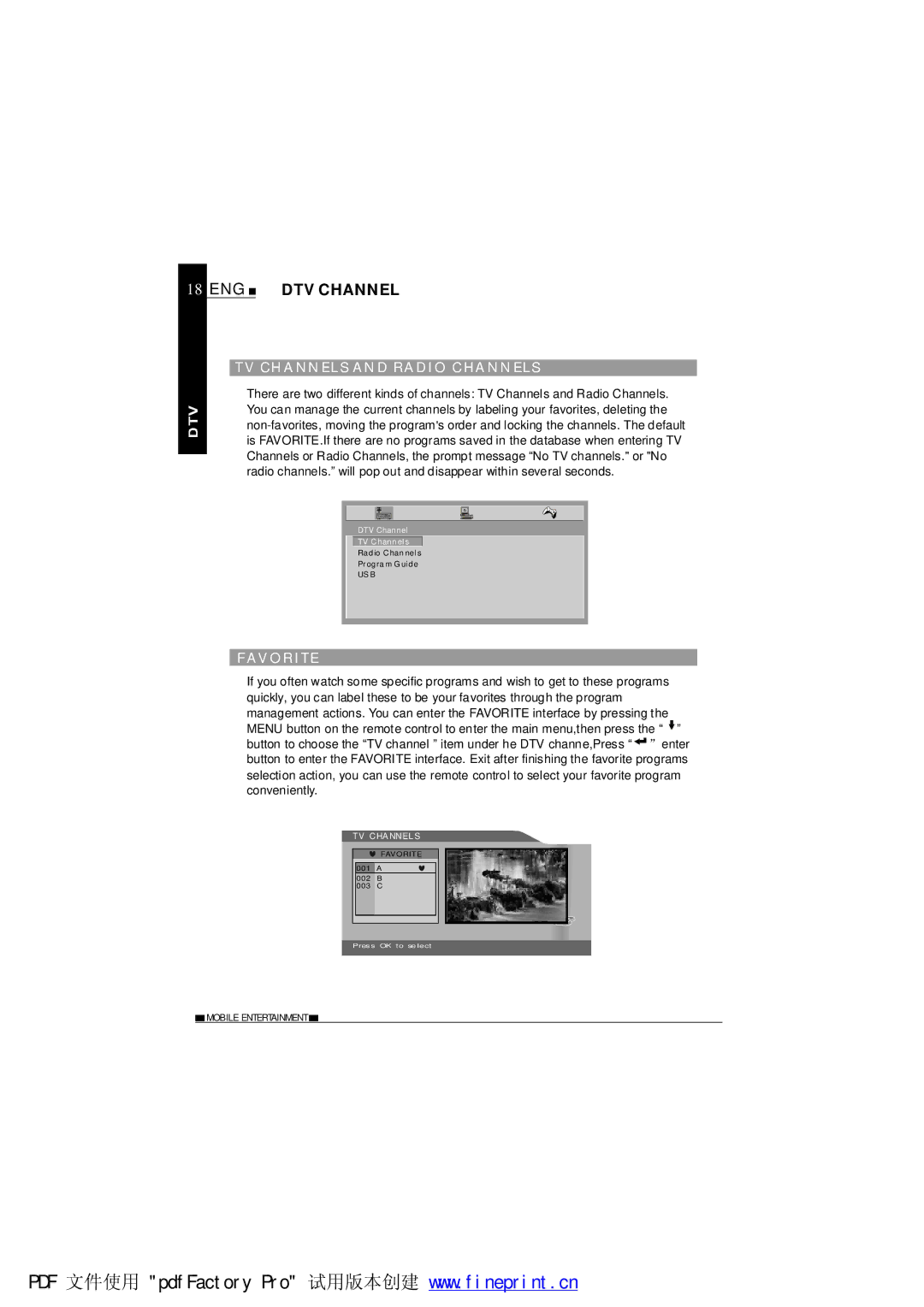 NextBase TV850F operating instructions ENG DTV Channel, TV CHA Nnels and Radio C HA Nnels, Avor ITE 