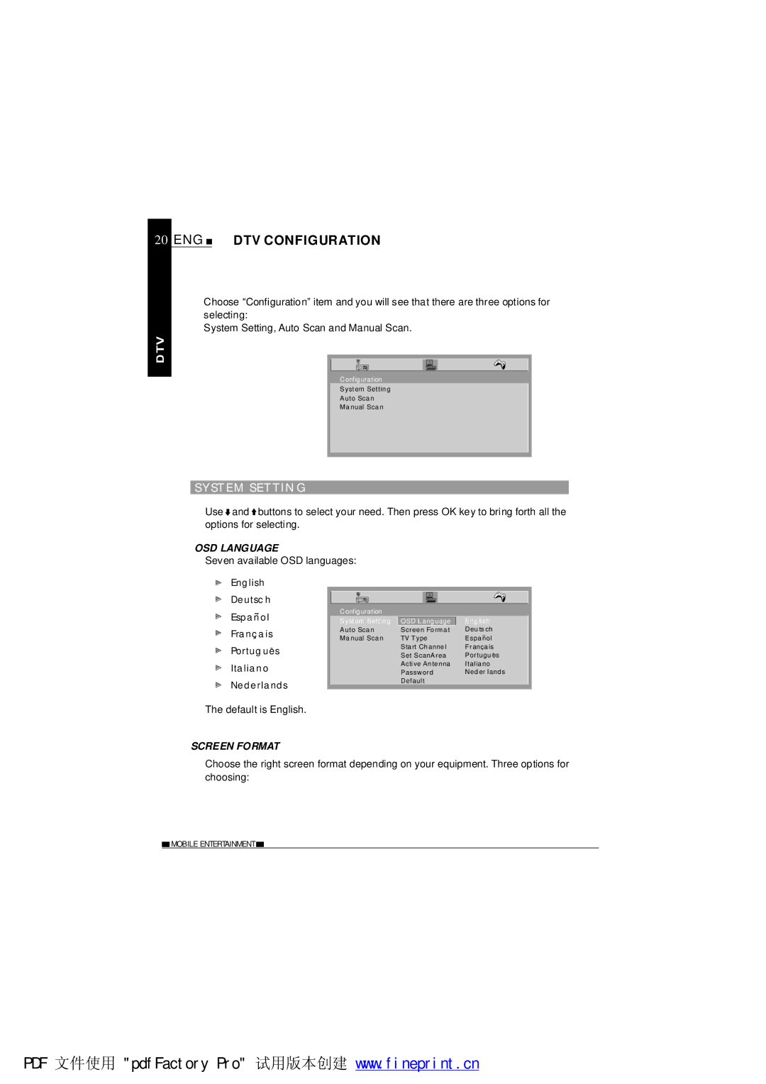 NextBase TV850F operating instructions ENG DTV Configuration, Syst EM SET TIN G, OSD Language, Screen Format 