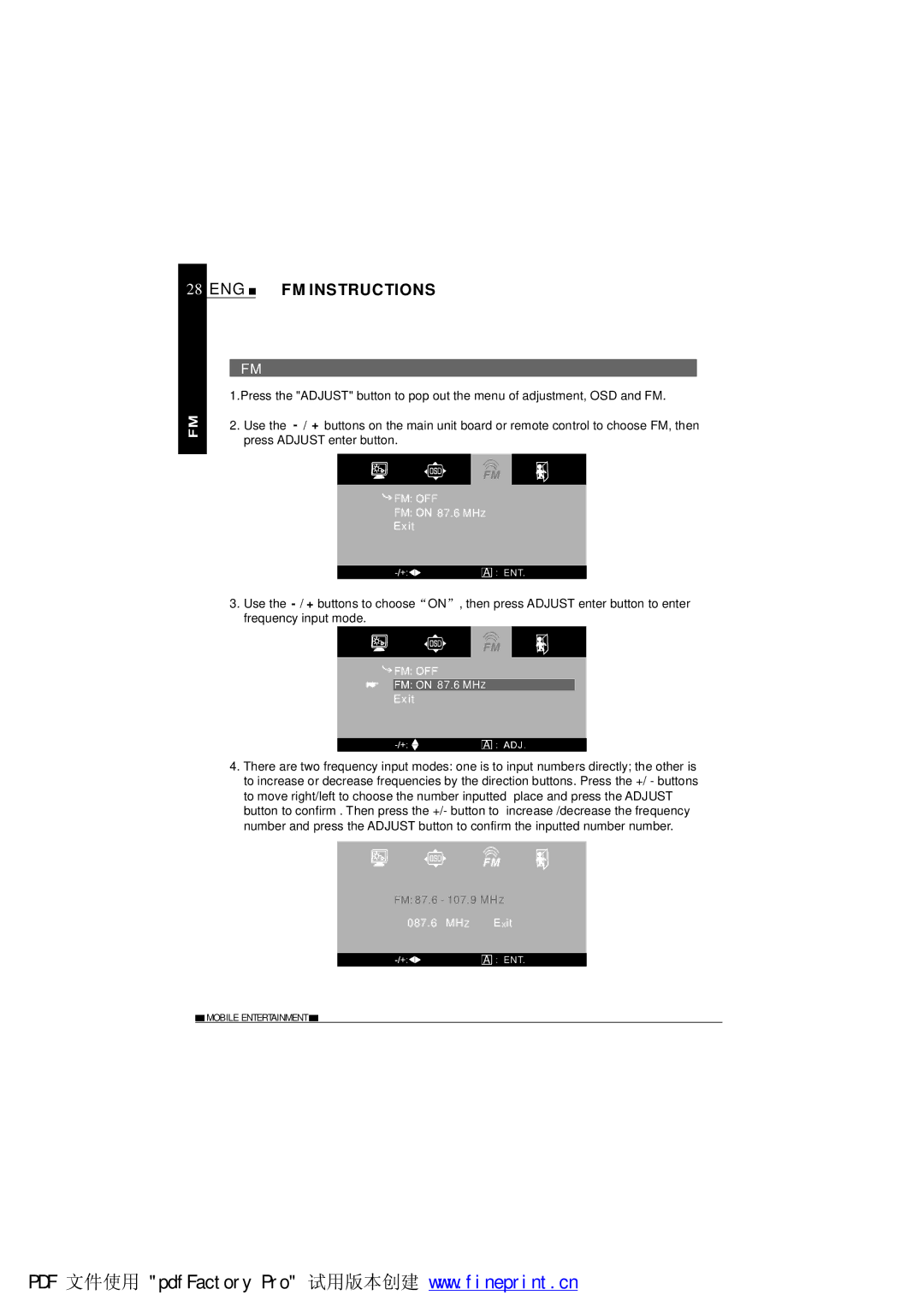 NextBase TV850F operating instructions ENG FM Instructions 