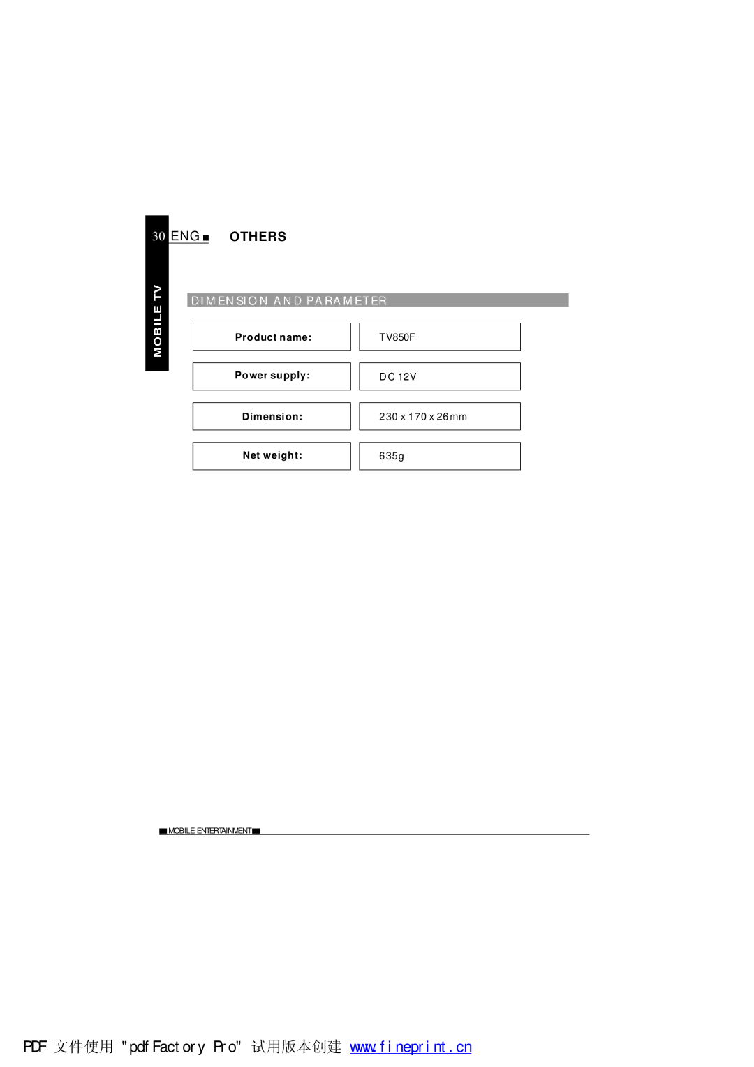 NextBase TV850F operating instructions Dimension and Para Meter 