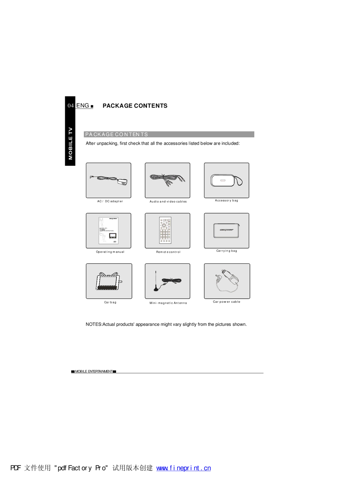 NextBase TV850F operating instructions ENG Package Contents 