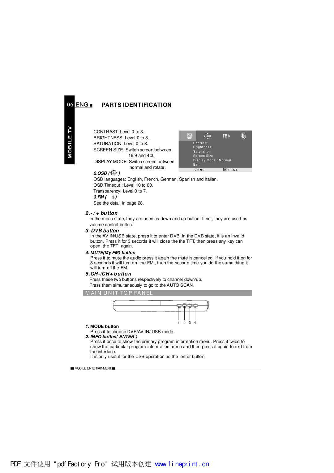 NextBase TV850F operating instructions ENG Parts Identification, DVB button, CH-/CH+ button, AI N U NIT to P P ANE L 