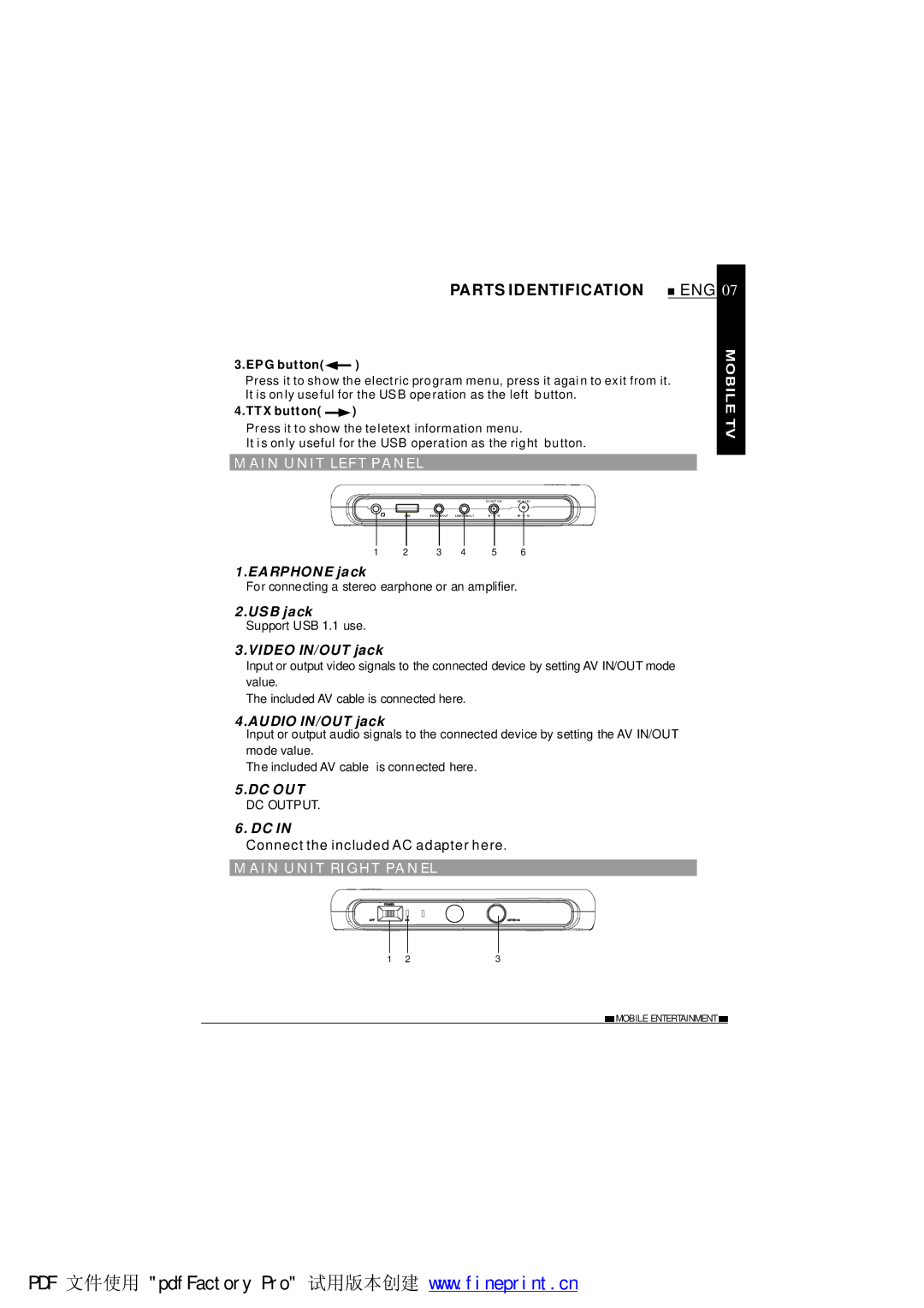 NextBase TV850F operating instructions Earphone jack, USB jack, Video IN/OUT jack, Audio IN/OUT jack 