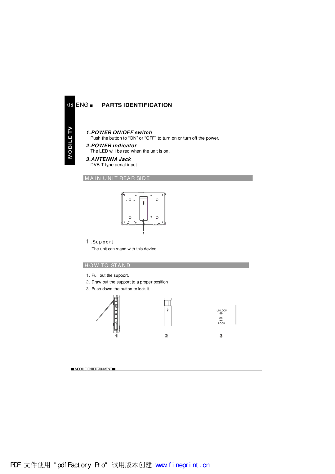 NextBase TV850F Power ON/OFF switch, Power indicator, Antenna Jack, MAI N U NIT RE AR Side, OW to Stand 