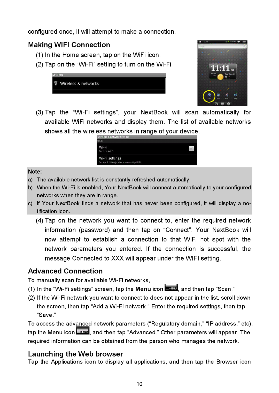 Nextbook NEXT3 warranty Making Wifi Connection, Advanced Connection, Launching the Web browser 