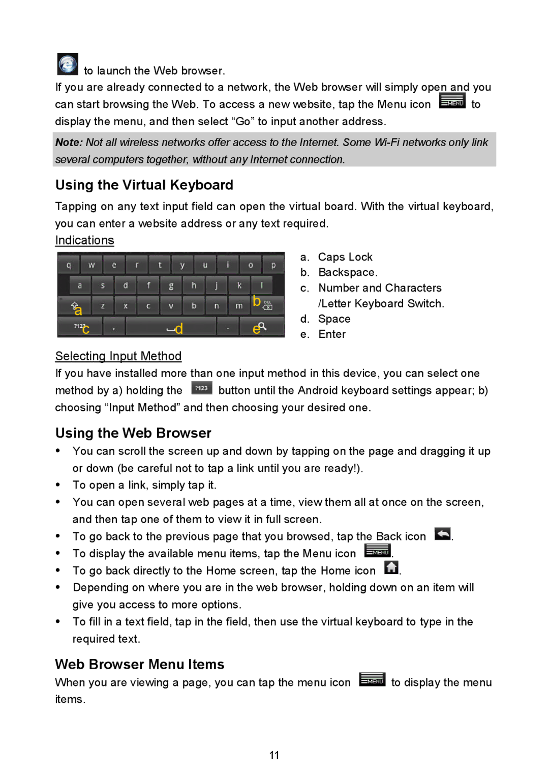 Nextbook NEXT3 warranty Using the Virtual Keyboard, Using the Web Browser, Web Browser Menu Items, Indications 